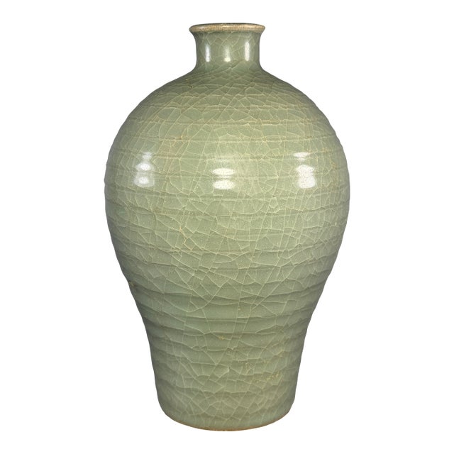 Antique Chinese Celadon Crackle‑Glaze Meiping Vase, Collectible Antique For Sale