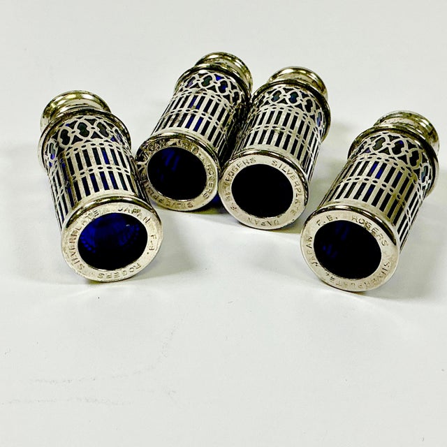 1940s Vintage Art Deco Hollywood Regency Cobalt & Silverplate Salt & Pepper Shakers - Set of 4 For Sale - Image 12 of 14