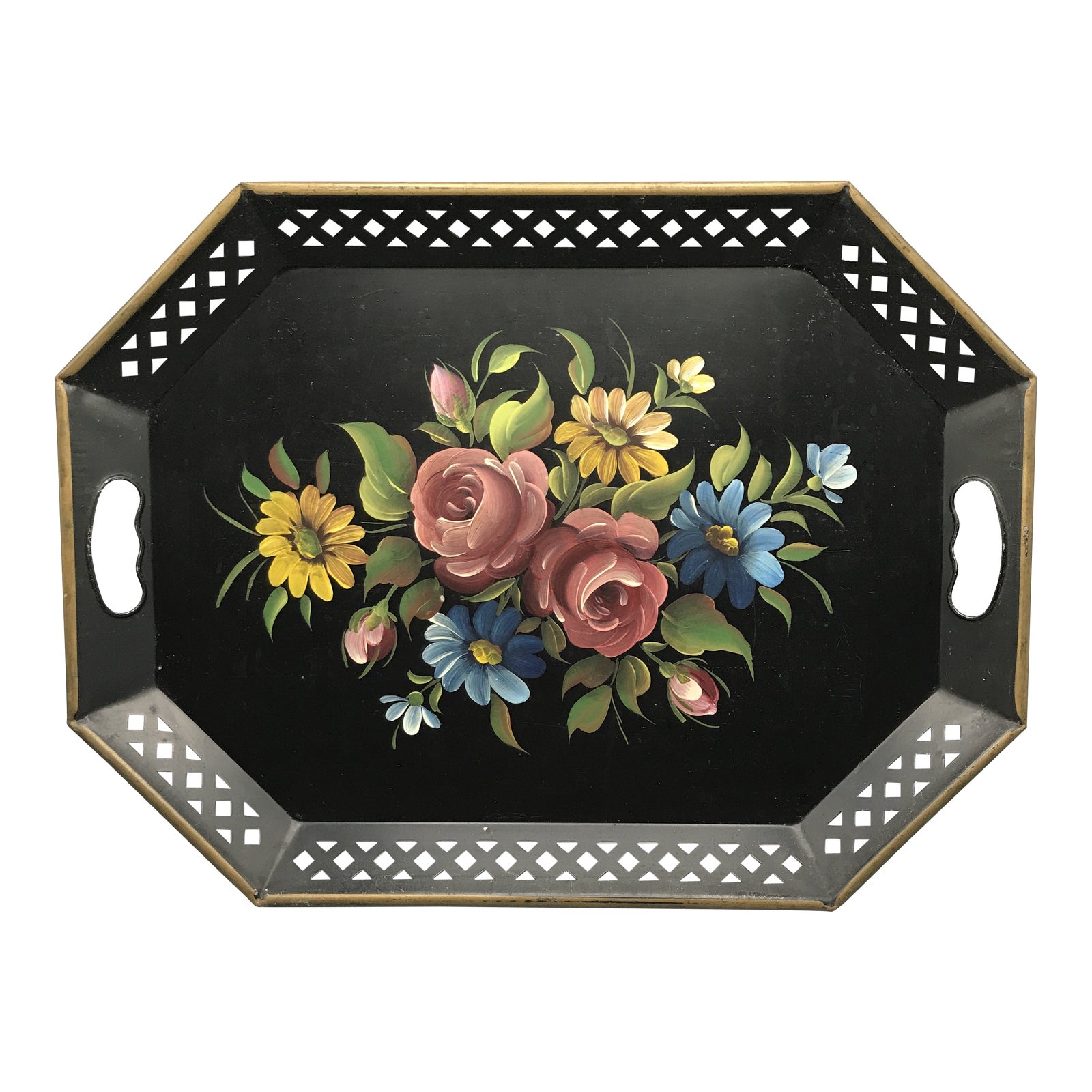 Vintage Metal Hand Painted Floral Tole Tray by Nashco of New York