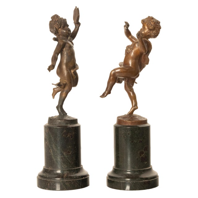 French Pair Antique French Bronze Marble Putti Dancing Musicians Statues Sculpture 1860 For Sale - Image 3 of 13