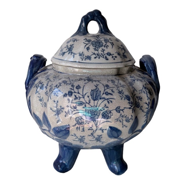 Vintage Chinoiserie Blue and White Ceramic Covered Footed Soup Tureen With Lid | Crackle Glaze Floral Decorative Centerpiece Pot For Sale