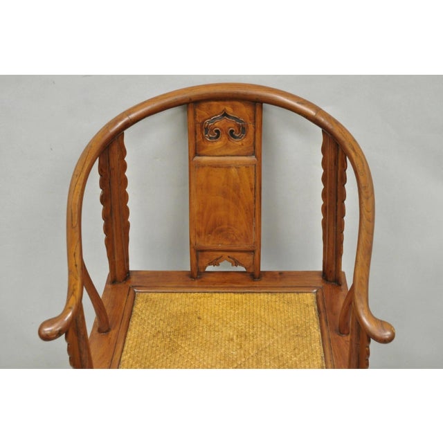 Chinoiserie Antique Chinese Elm Hardwood Horseshoe Oriental Huanghuali Lounge Arm Chair For Sale - Image 3 of 16