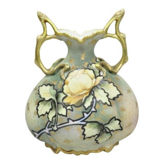 Antique Nippon Hand Painted Porcelain Twin Branch Handle Yellow Rose Small Vase For Sale