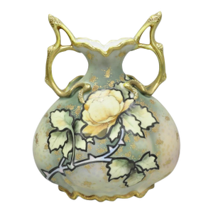 Antique Nippon Hand Painted Porcelain Twin Branch Handle Yellow Rose Small Vase