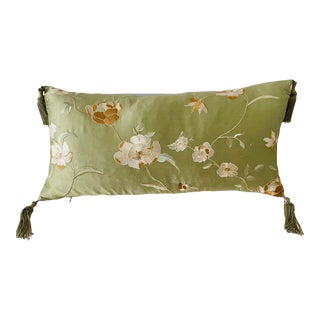 1990s Boho Silk Tapestry Textile Floral Lumbar Pillow Feather Down Tassels For Sale
