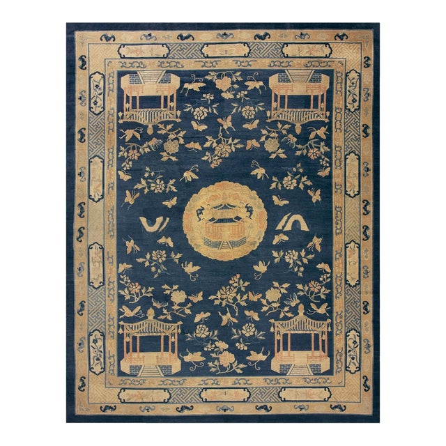 Great Navy Blue Ground Color With Beige Butterfly in a Chinoiserie Pattern Antique Chinese Peking Rug For Sale
