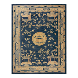 Great Navy Blue Ground Color With Beige Butterfly in a Chinoiserie Pattern Antique Chinese Peking Rug