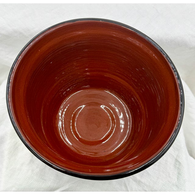 Ned Foltz 2001 Redware Hand Turned, Signed Medium Size Cachepot With Black Glaze and Brown, Yellow & Green Slip Decoration For Sale - Image 6 of 12