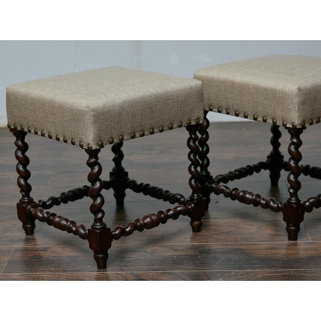 19th Century Pair of 19th-Century English Barley Twist Hardwood Stools with Linen Upholstery For Sale - Image 5 of 8