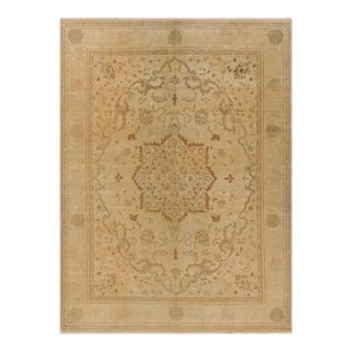 Rug & Kilim’s Oushak Style Rug in Gold and Brown With Floral Medallion For Sale