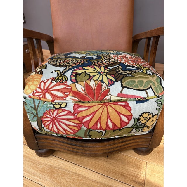 Art Deco Bentwood Armchair with Tan Leather and Chiang Mai Dragon Fabric Upholstery from Schumacher, 1930s For Sale - Image 15 of 18