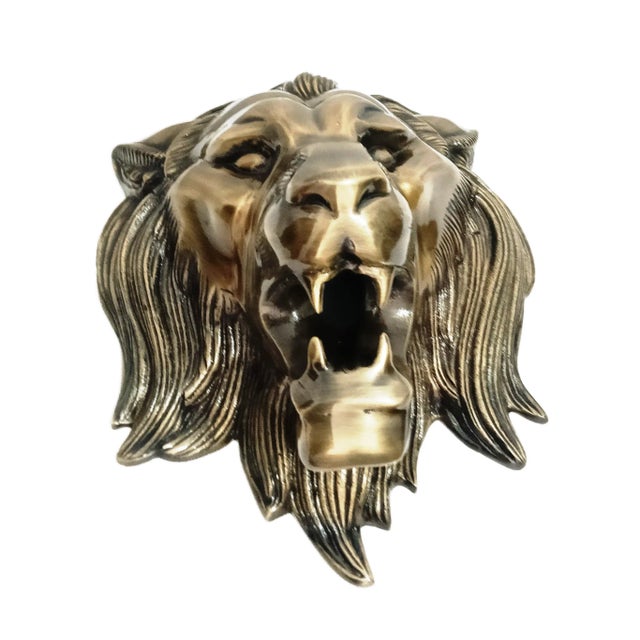 1970s Antique Brass Finish Metal Lion Head Wall Sculptures For Sale - Image 5 of 9