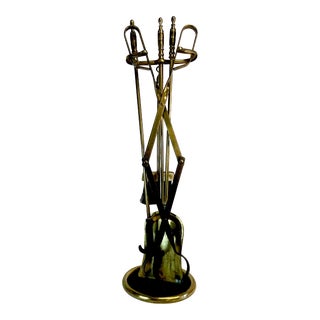 1950s Vintage Arts & Crafts Brass and Cast Iron Fireplace Tools - 5 Piece Set For Sale