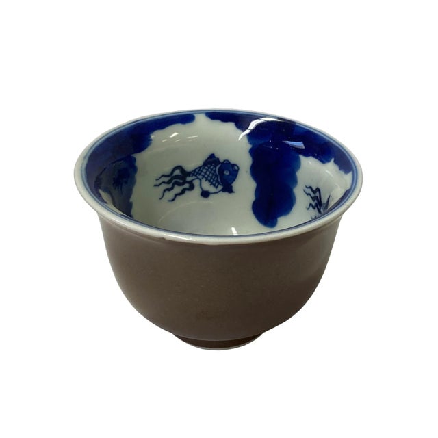 2020s Chinese Handmade Porcelain Brown Blue White Fishes Graphic Cup For Sale - Image 5 of 5