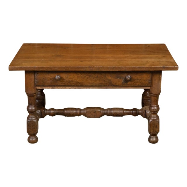 English 19th Century Oak Coffee Table with Single Drawer and Turned Base For Sale
