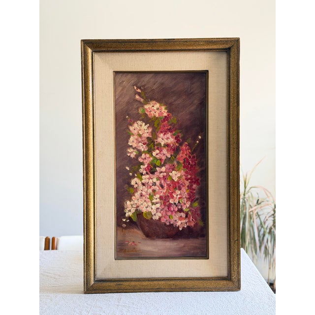 An original vintage floral oil painting featuring cascading pink blossoms rendered in expressive impasto brushwork. This...
