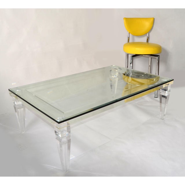 1970s Charles Hollis Jones Style Beveled Glass Lucite Rectangle Coffee Table Palm Beach Regency For Sale In Miami - Image 6 of 12