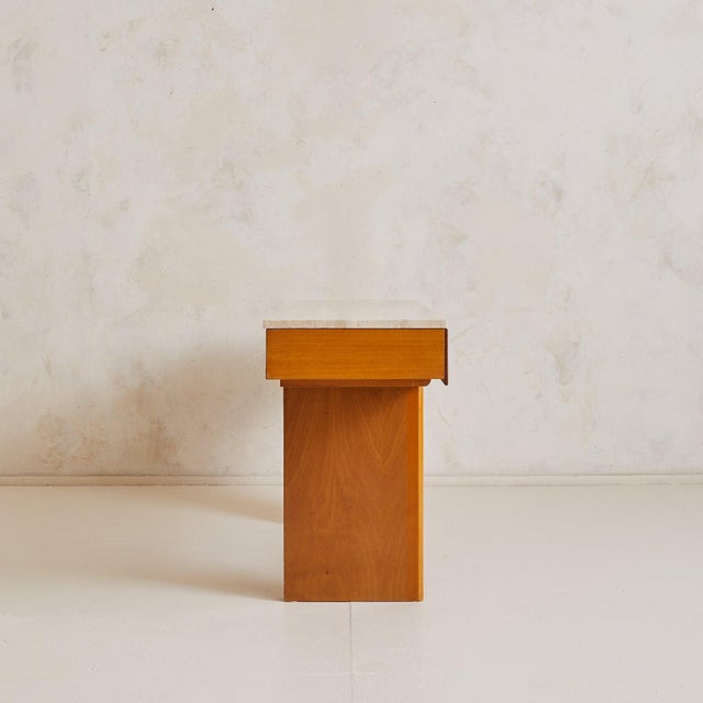 Italian Travertine + Slatted Wood Console Table with Brass Stretcher, 1970s For Sale In Chicago - Image 6 of 11