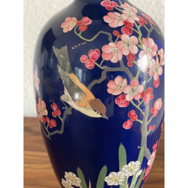 Japanese Stunning, Stamped Meiji Period Japanese Cloisonné Vase With Cherry Blossom, Iris and Sparrow Details, 10” For Sale - Image 3 of 12