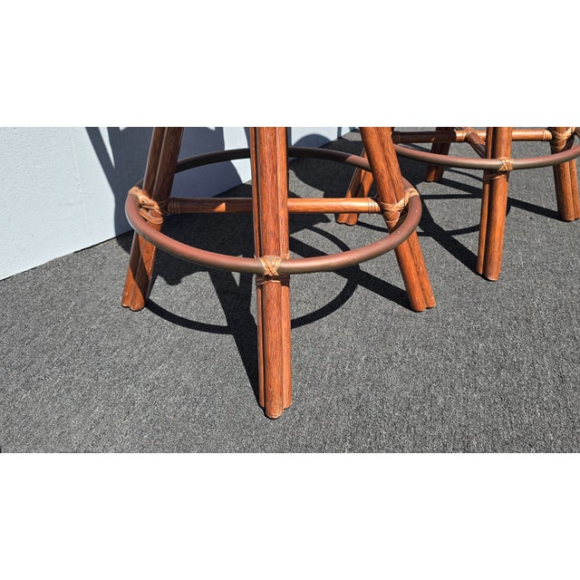 Pair of Vintage McGuire Bamboo Woven Leather Swivel Bar Stools Barstool For Sale - Image 11 of 15