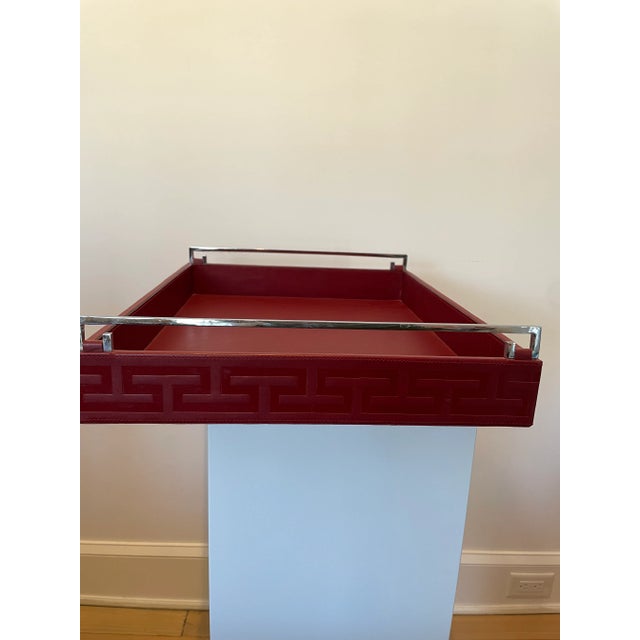 2000 - 2009 2000s Global Views Red Leather Embossed Tray With Metal Handles For Sale - Image 5 of 11