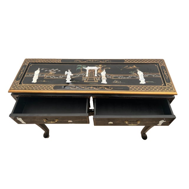 Chinoiserie Vintage Sofa Table Console Chinoiserie Mother of Pearl Applique Asian Style For Sale - Image 3 of 11