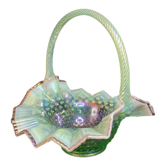 Vintage Fenton Green Opalescent Carnival Hobnail Glass Basket Ruffled Iridescent 10" For Sale