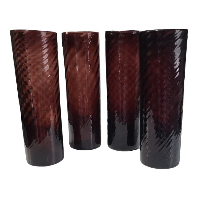 Vintage Set of 4 Hand Blown Art Glass Purple Tall Glasses or Vases For Sale