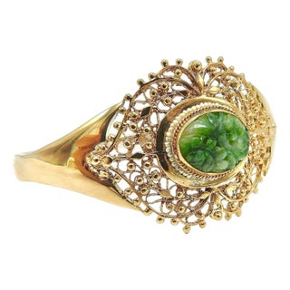1990s 14k Gold Signature Jade and Seed Pearl Statement Bracelet For Sale