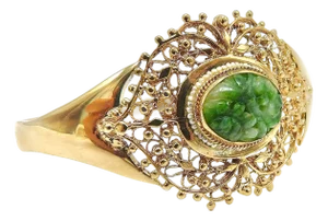 1990s 14k Gold Signature Jade and Seed Pearl Statement Bracelet
