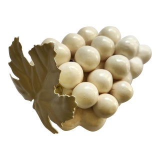 Vintage Cluster of Ceramic Grapes With Metal Leaf For Sale