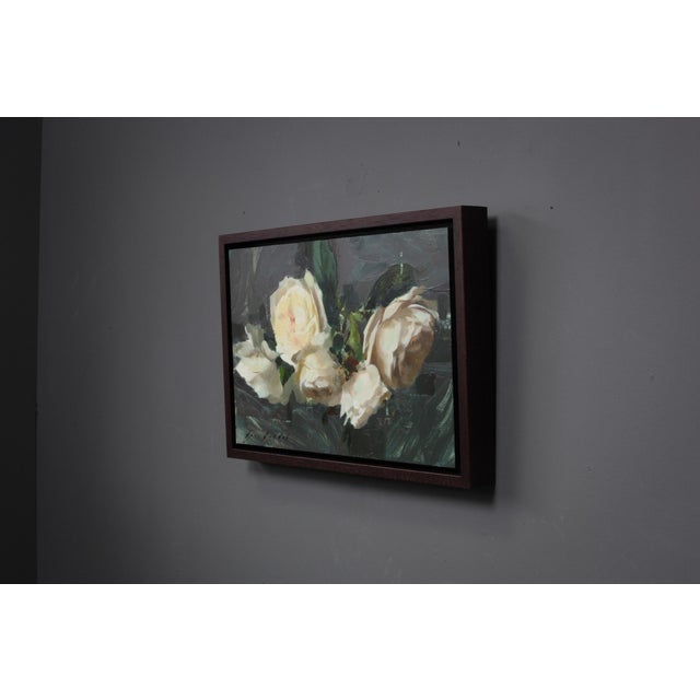 Gray Roses I by Jon Doran | Oil on Panel Cut White Roses Still Life For Sale - Image 8 of 9