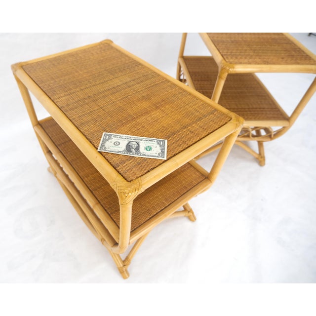 Mid-Century Modern Pair Rattan Bamboo Grass Cloth Top Two Tier End Side Tables Stands Magazine Rack For Sale - Image 3 of 14
