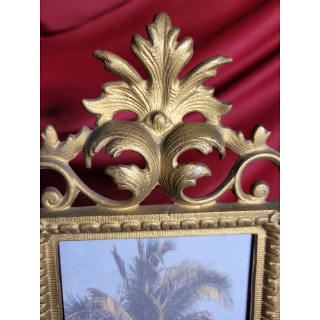 Pair of Antique-Style Gilded Picture Frames • Ornate Cast Metal • Baroque Revival • 5x7 • Heavy, Free-Standing For Sale - Image 10 of 16
