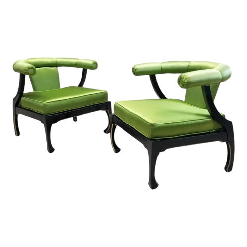 Vintage James Mont Style Black Lacquer Asian Ming Chairs Pair
