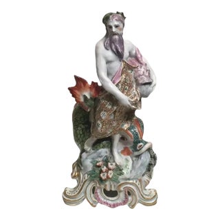 Antique 18th Century Bow Porcelain Figure of Neptune or Poseidon with a Dolphin Representing Water 1760 - 1765 For Sale