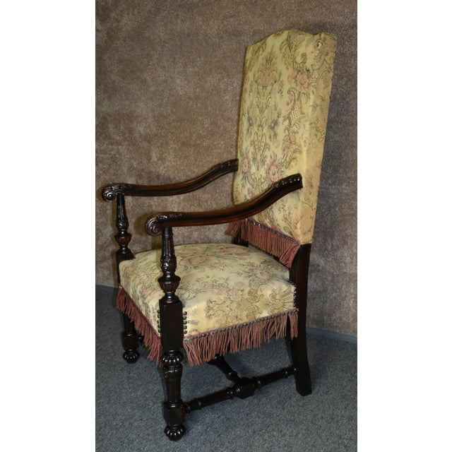 Antique Carved Oak Armchair 1920s Tudor Style High Back Fringe Stretcher Base For Sale In Philadelphia - Image 6 of 13