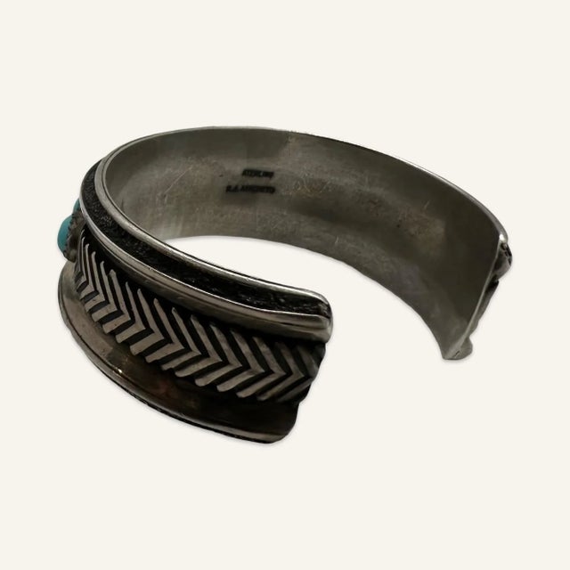 Native American Late 20th Century Sterling Silver Cuff Bracelet With Turquoise Cabochons by Navajo Jeweler R.J. Apacheto For Sale - Image 3 of 7