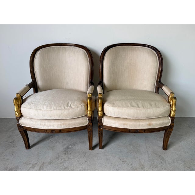French Provincial Vintage French Empire Style Swan Armchairs With Gilded Carved Arms – A Pair For Sale - Image 3 of 12
