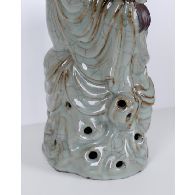 Antique Guanyin (Kwan Yin) Goddess of Mercy Buddha Late 19th / Early 20th Century Celadon Color W/ Craquelure Splendid Statue/Sculpture Vg+ For Sale - Image 4 of 12