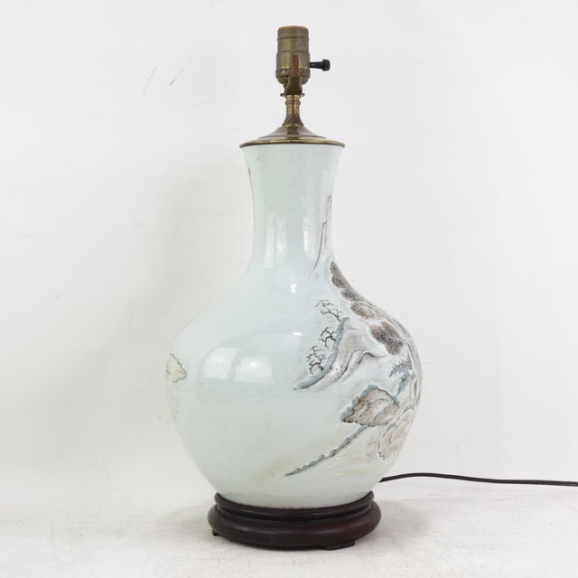 Mid 20th Century Antique Chinese Porcelain Landscape Vase Lamp Hand Painted Mountain and Pavilion Motif For Sale - Image 5 of 14