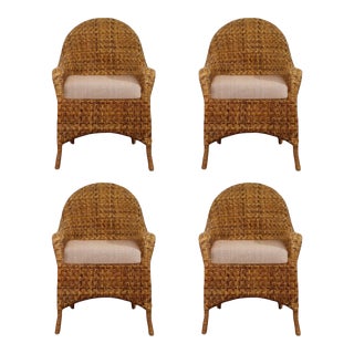 Vintage Organic Modern Woven Herringbone Wicker Rattan Dining Chairs - Set of 4 For Sale