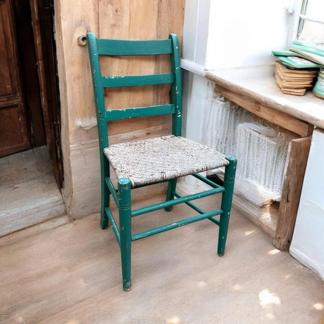 Green Antique Green Painted Rattan Chair Distressed Rustic Shabby Chic For Sale - Image 8 of 11