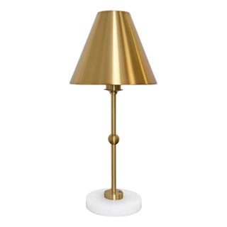 Matthew Izzo Home Chanler Brass Rechargeable Table Lamp With Faux Alabaster Base and Metal Shade For Sale