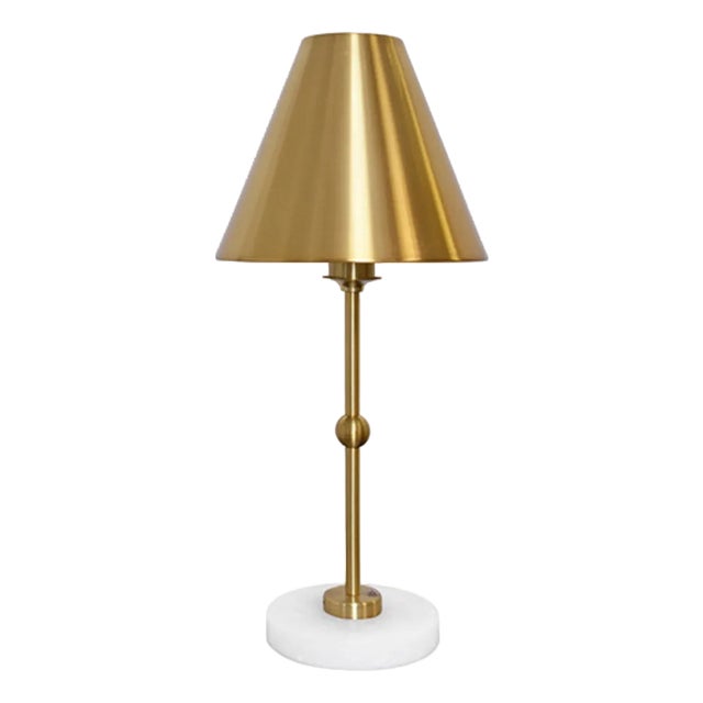 Matthew Izzo Home Chanler Brass Rechargeable Table Lamp With Faux Alabaster Base and Metal Shade For Sale