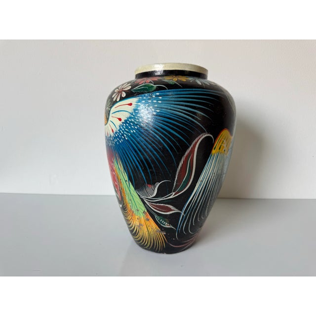 1980’s Vintage Tropical - Folk Art Hand-Painted Terracotta Vase – Unsigned For Sale In Miami - Image 6 of 12