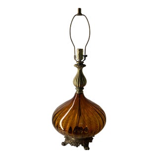 Vintage Mid Century Modern Amber Glass Table Lamp For Sale