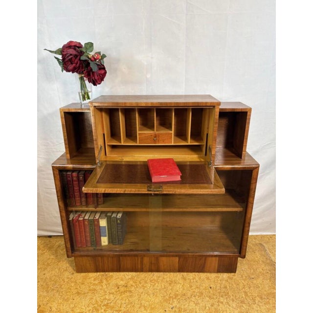 Art deco vintage 1930s burr walnut bureau display cabinet – fall front writing desk. A stunning 1930s art deco burr walnut...