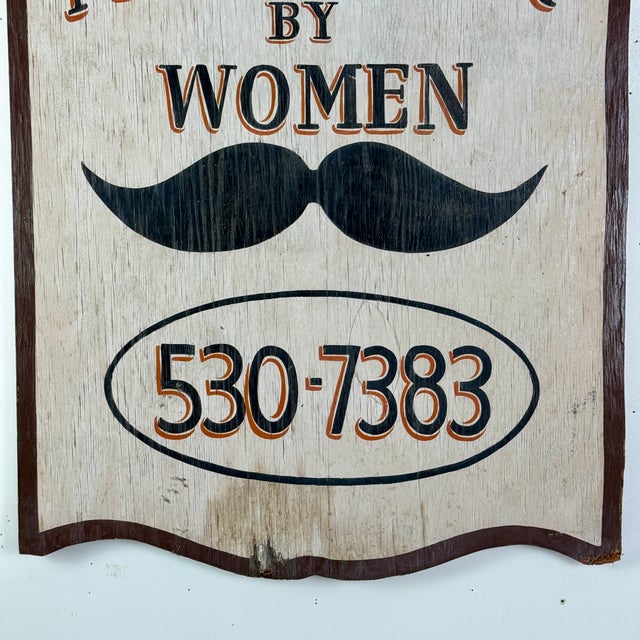 Vintage Double Sided Wooden Sign Advertising "Mens Hair by Women" With Mustache Illustration For Sale In New York - Image 6 of 9