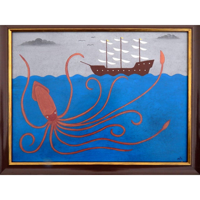 Matt Rix, Naive Style Giant Squid & Sail Ship, Oil on Board, Framed For Sale - Image 11 of 15